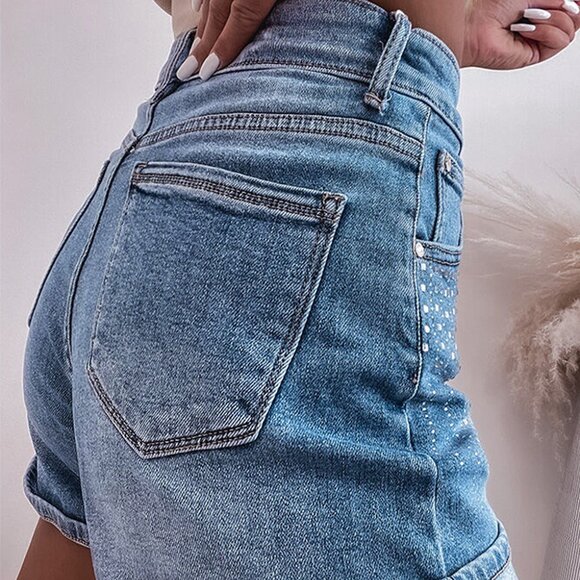 B237 Ashleigh Blue Rhinestone Embellished Denim Shorts - Picture 3 of 13